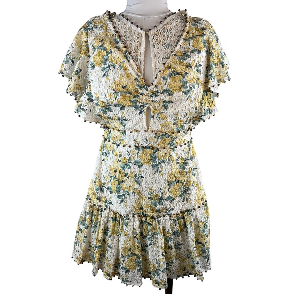 La Maison Talulah Floral Eyelet Beaded Cutout Mini Dress Size S - Picture 1 of 12